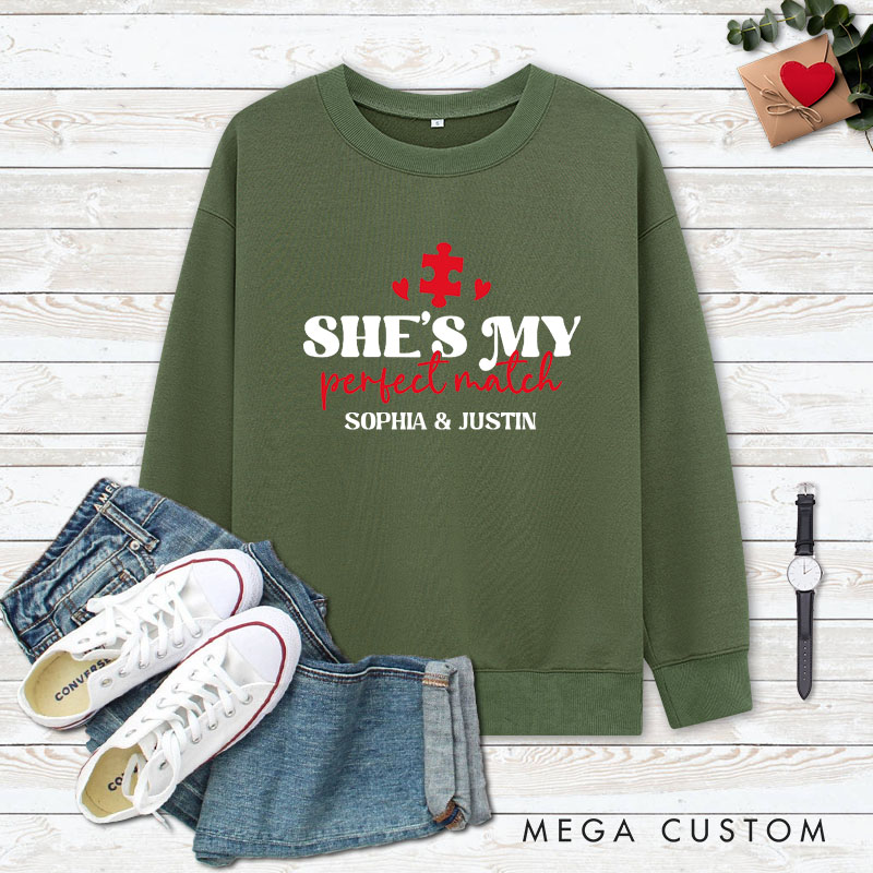 Personalized Couple He’s My Perfect Match Sweatshirt Couple She’s My Perfect Match Valentine's Day Sweatshirt for Husband Wife Boyfriend Girlfriend