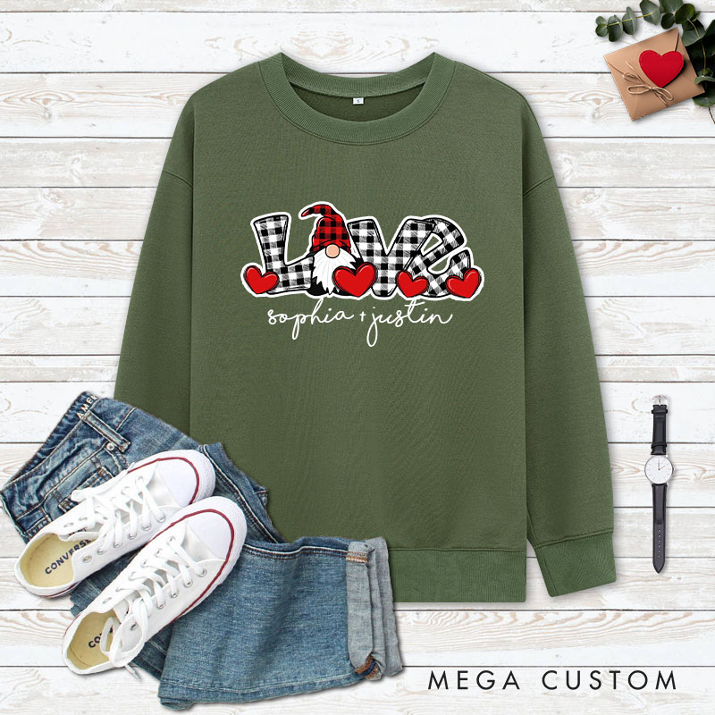 Personalized Couple Plaid Gnome LOVE Matching Sweatshirt Couple Valentine's Day Sweatshirt for Husband Wife Boyfriend Girlfriend