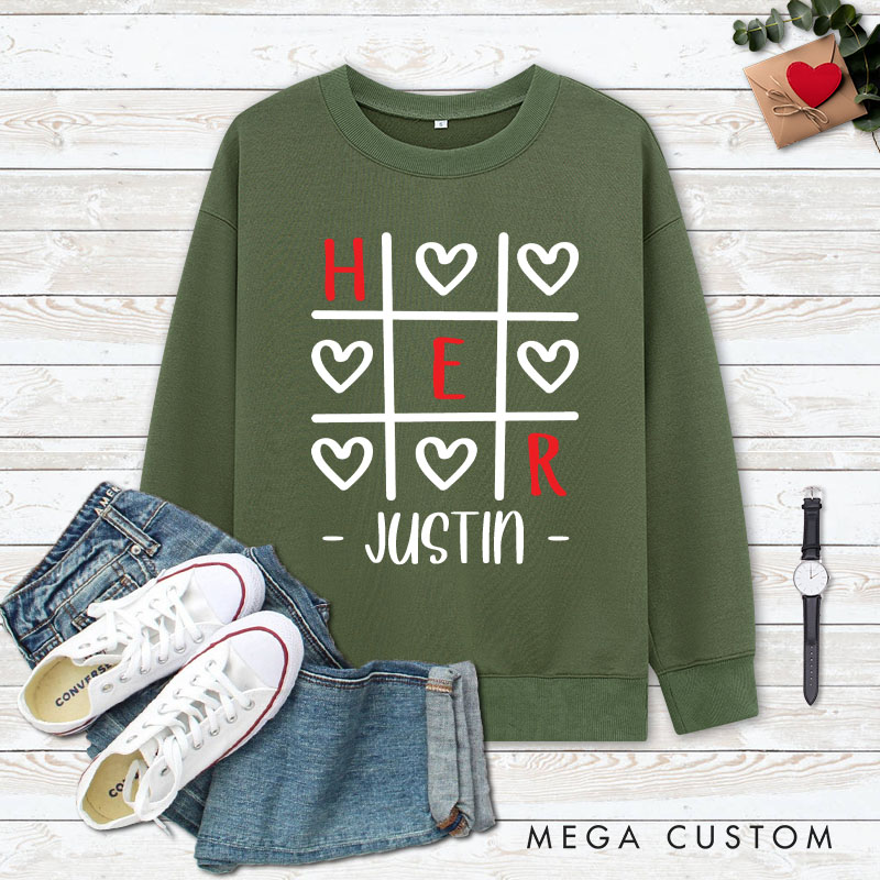 Personalized Couple Tic-Tac-Toe Her and Him Matching Sweatshirt Couple Valentine's Day Sweatshirt for Husband Wife Boyfriend Girlfriend
