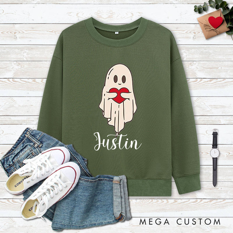 Personalized Couple Ghost Holding a Heart Matching Sweatshirt with Name Couple Valentine's Day Sweatshirt for Husband Wife Boyfriend Girlfriend