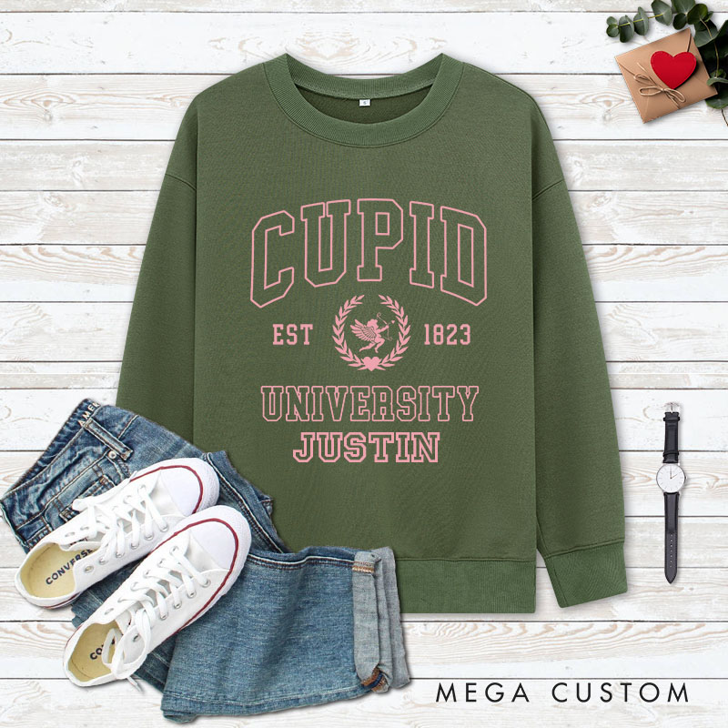 Personalized Couple Cupid University Matching Sweatshirt with Name Couple Valentine's Day Sweatshirt for Husband Wife Boyfriend Girlfriend