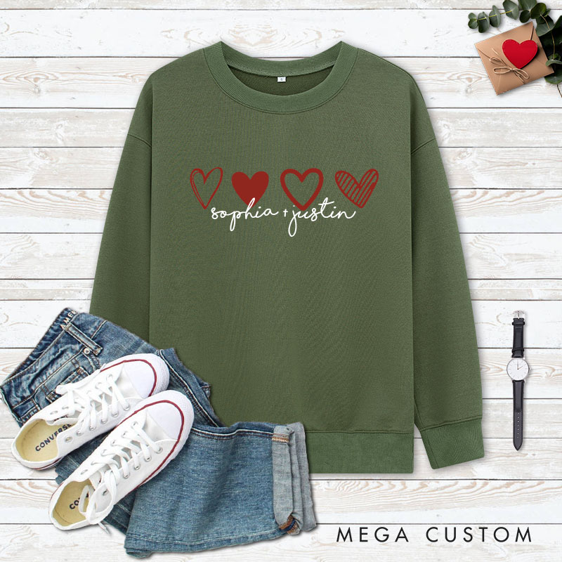 Personalized Couple 4 Red Hearts Matching Sweatshirt with Name Couple Valentine's Day Sweatshirt for Husband Wife Boyfriend Girlfriend