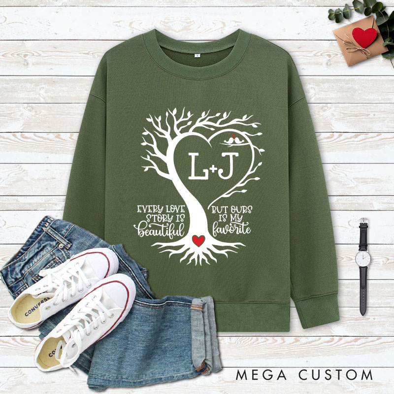 Personalized Couple Love Tree Matching Sweatshirt with Initials Couple Valentine's Day Sweatshirt for Husband Wife Boyfriend Girlfriend