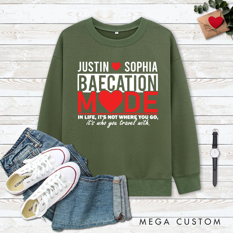 Personalized Couple Baecation Mode Matching Sweatshirt with Name Couple Valentine's Day Sweatshirt for Husband Wife Boyfriend Girlfriend