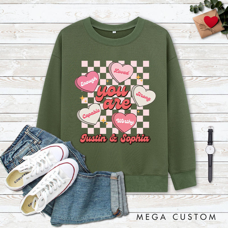 Personalized Couple Pink Checkerboard Heart Matching Sweatshirt with Name Couple Valentine's Day Sweatshirt for Husband Wife Boyfriend Girlfriend