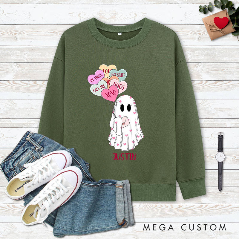 Personalized Couple Ghost Holding Heart Balloon Matching Sweatshirt Couple Valentine's Day Sweatshirt for Husband Wife Boyfriend Girlfriend