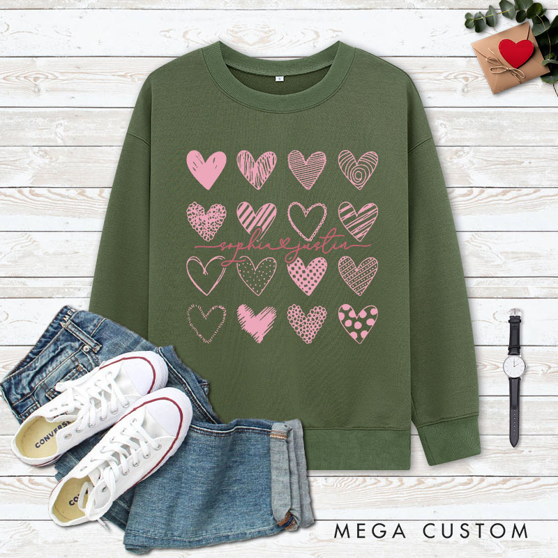 Personalized Couple charming Pink Hearts Matching Sweatshirt with Name Couple Valentine's Day Sweatshirt for Husband Wife Boyfriend Girlfriend