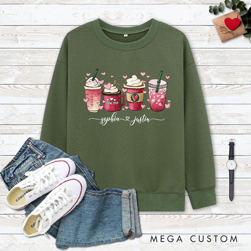 Personalized Couple Pink Coffee with Heart Matching Sweatshirt Couple Valentine’s Day Sweatshirt for Husband Wife Boyfriend Girlfriend