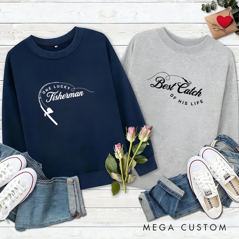 Personalized Couples Fishing Sweatshirts Couple Sweatshirts Fisherman Sweatshirts Gift For Husband His and Hers Bride and Groom Sweatshirts Matching Gift for Fishing Lovers