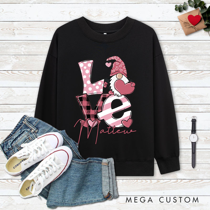 Personalized Couple Playful LOVE Gnome Matching Sweatshirt with Name Couple Valentine’s Day Sweatshirt for Husband Wife Boyfriend Girlfriend