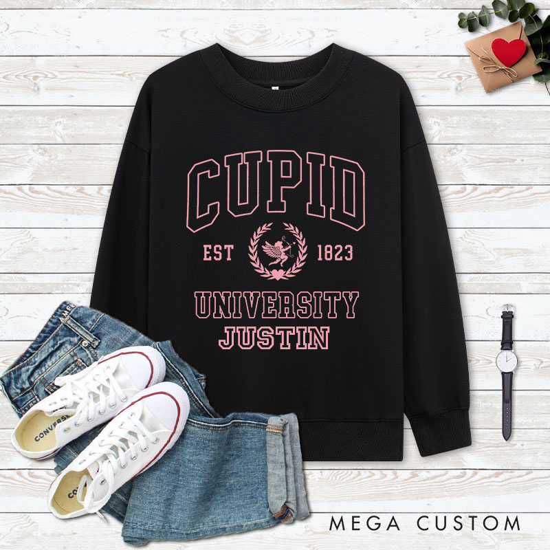 Personalized Couple Cupid University Matching Sweatshirt with Name Couple Valentine's Day Sweatshirt for Husband Wife Boyfriend Girlfriend