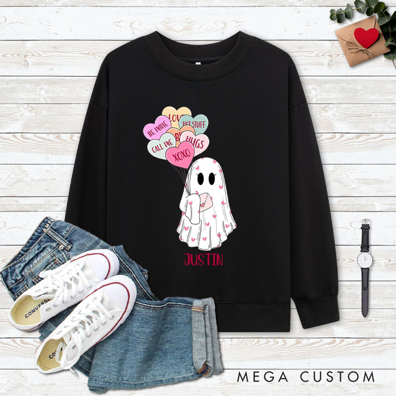 Personalized Couple Ghost Holding Heart Balloon Matching Sweatshirt Couple Valentine's Day Sweatshirt for Husband Wife Boyfriend Girlfriend