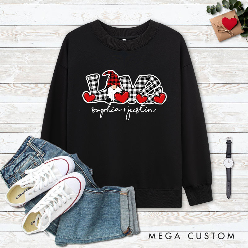 Personalized Couple Plaid Gnome LOVE Matching Sweatshirt Couple Valentine's Day Sweatshirt for Husband Wife Boyfriend Girlfriend