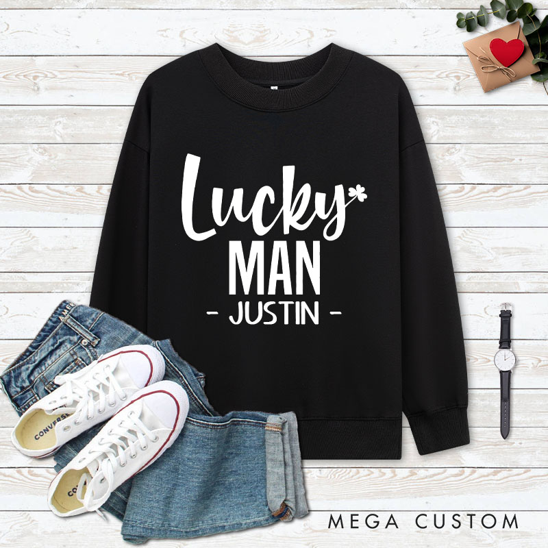 Personalized Couple Lucky Man and Lucky Woman with Clover Sweatshirt Couple Valentine's Day Sweatshirt for Husband Wife Boyfriend Girlfriend