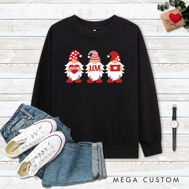 Personalized Couple Cute Red Gnome with Heart Sweatshirt Couple Valentine's Day Sweatshirt for Husband Wife Boyfriend Girlfriend