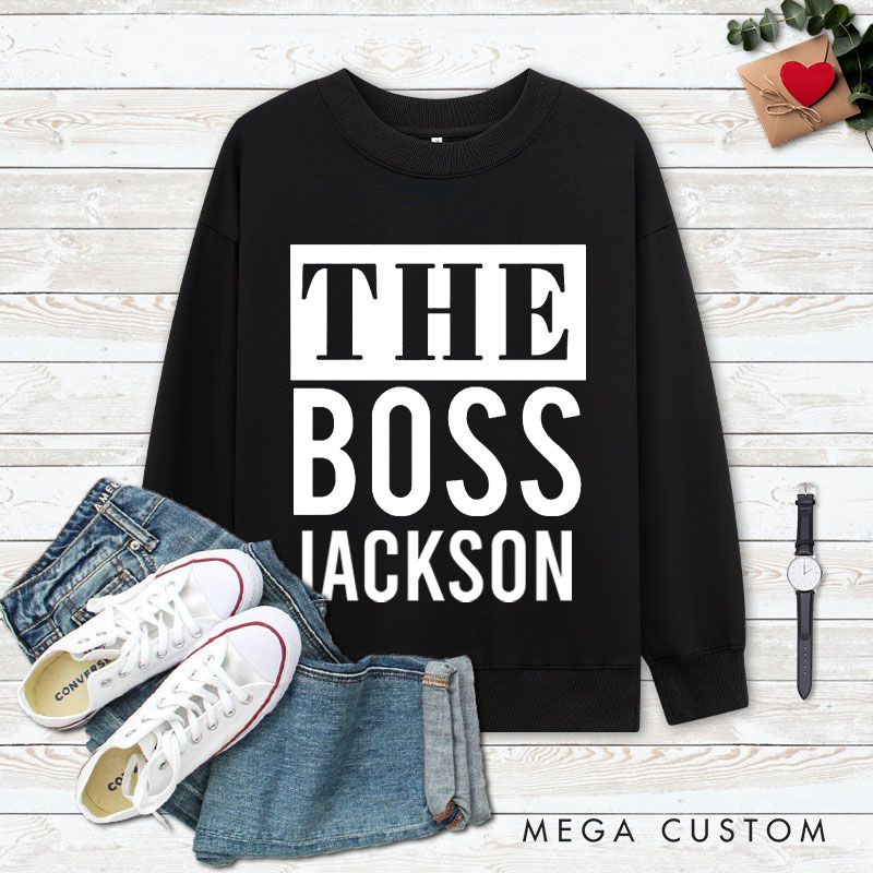 Personalized Couple Minimalist The Boss and The Real Boss Matching Sweatshirt Couple Valentine's Day Sweatshirt for Husband Wife Boyfriend Girlfriend