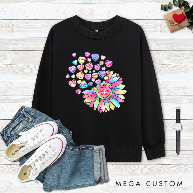 Personalized Couple Colorful Flower with Heart Matching Sweatshirt Couple Valentine's Day Sweatshirt for Husband Wife Boyfriend Girlfriend