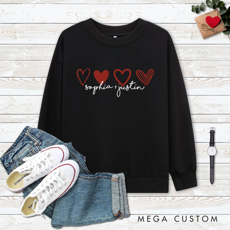 Personalized Couple 4 Red Hearts Matching Sweatshirt with Name Couple Valentine's Day Sweatshirt for Husband Wife Boyfriend Girlfriend