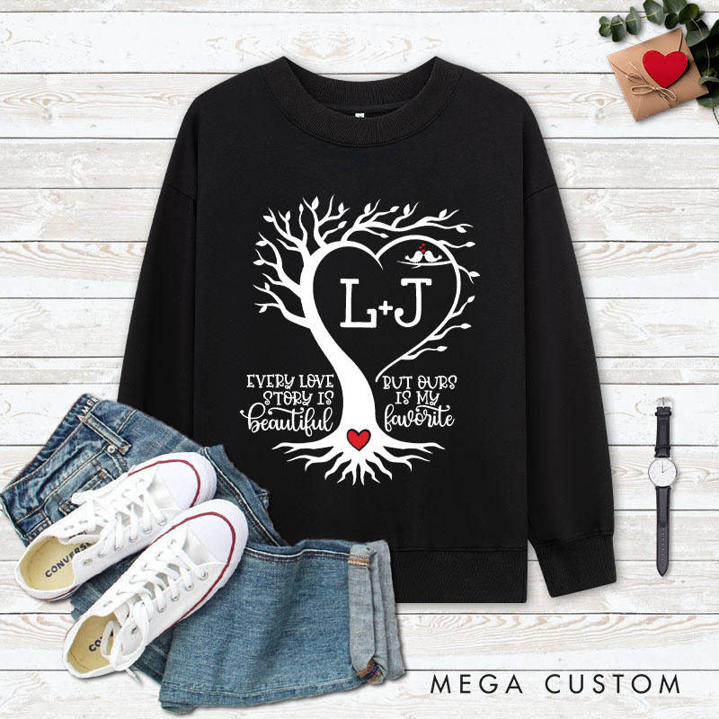 Personalized Couple Love Tree Matching Sweatshirt with Initials Couple Valentine's Day Sweatshirt for Husband Wife Boyfriend Girlfriend