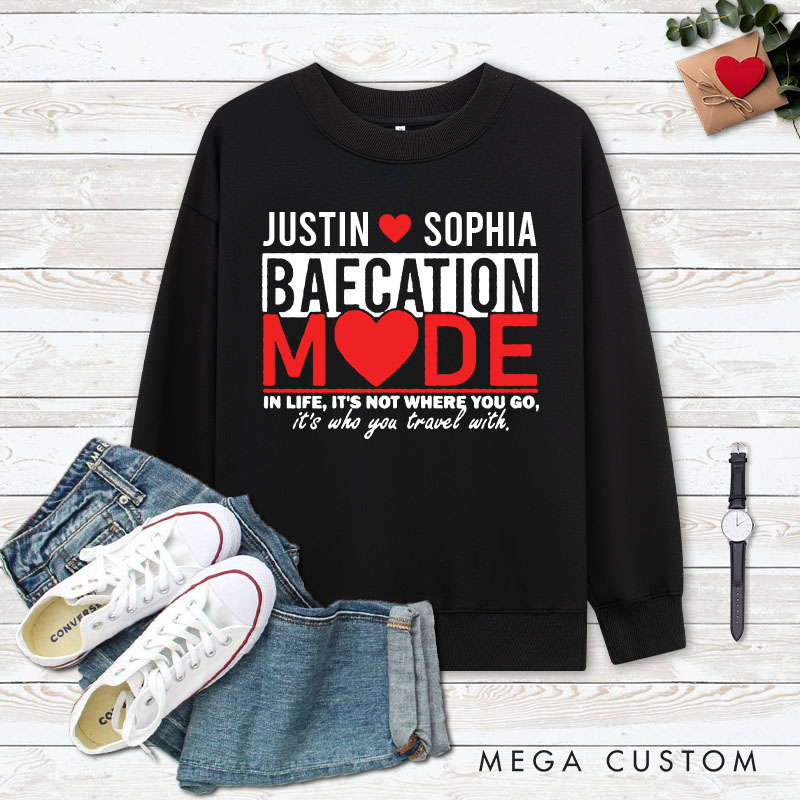 Personalized Couple Baecation Mode Matching Sweatshirt with Name Couple Valentine's Day Sweatshirt for Husband Wife Boyfriend Girlfriend