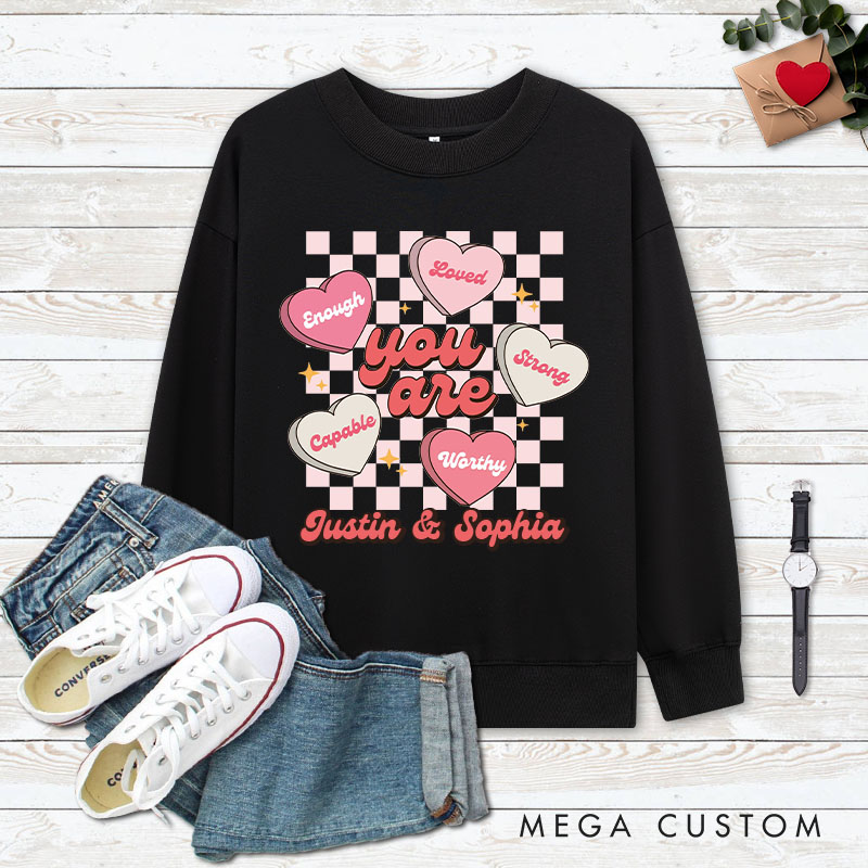 Personalized Couple Pink Checkerboard Heart Matching Sweatshirt with Name Couple Valentine's Day Sweatshirt for Husband Wife Boyfriend Girlfriend