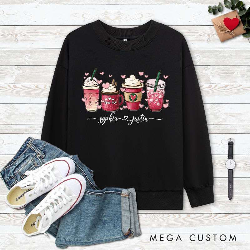 Personalized Couple Pink Coffee with Heart Matching Sweatshirt Couple Valentine’s Day Sweatshirt for Husband Wife Boyfriend Girlfriend