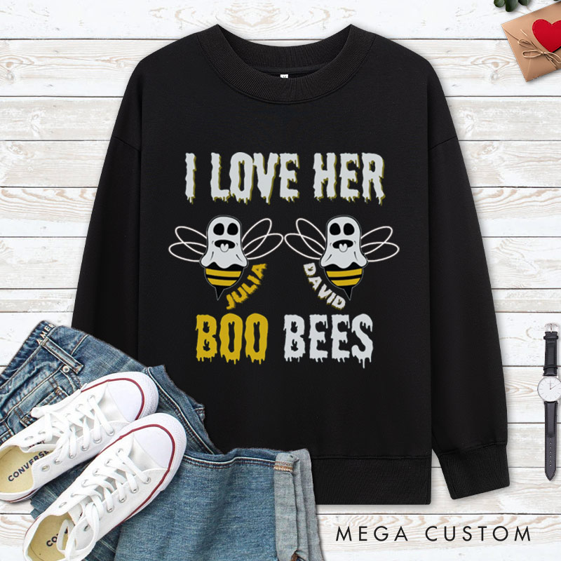 Personalized I Love Her Boo Bees and Boo Bees Halloween Couple Sweatshirt