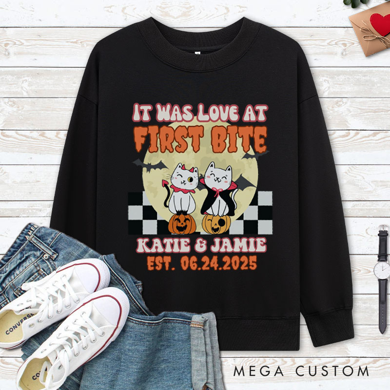 Personalized Love at First Bite and Fangs for the Memories Cat Couple Halloween Couple Sweatshirt
