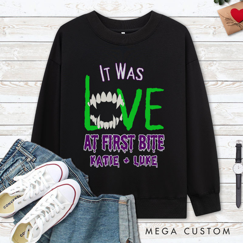 Personalized Love at First Bite & Fangs for the Memories Halloween Couple Sweatshirt
