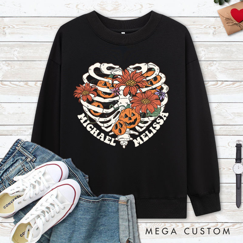 Personalized Floral Skeleton Ribcage with Pumpkins Halloween Couple Sweatshirt