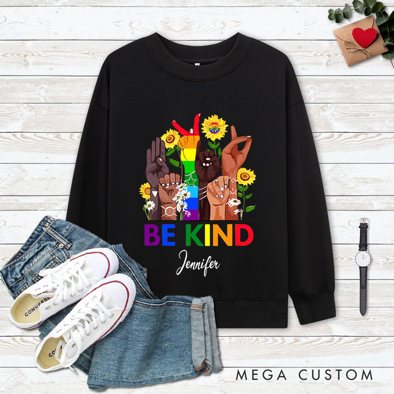 Personalized Be Kind Classic Ugly Sweatshirts with Diverse Skin Color Gestures Rainbow Elements and Sunflower Patterns Perfect Gift for Yoga Lover and Mindfulness