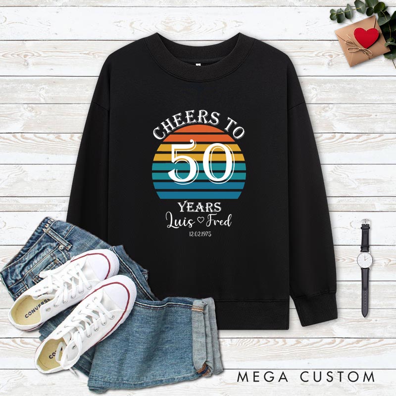 Personalized Couple 50th Anniversary Sweatshirt Retro Sunset Anniversary Tops Cheers to 50 Years Outfits for Husband Wife