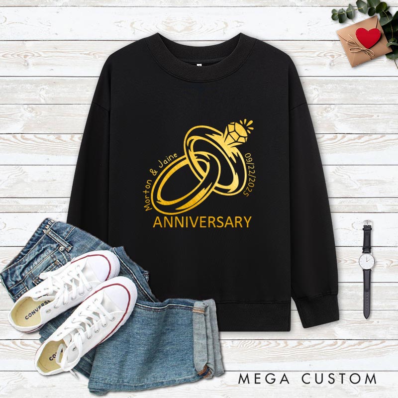 Personalized Golden Rings Anniversary Sweatshirt Elegant Celebrate Couple Anniversary Outfits for Husband Wife Anniversary Gift Tops