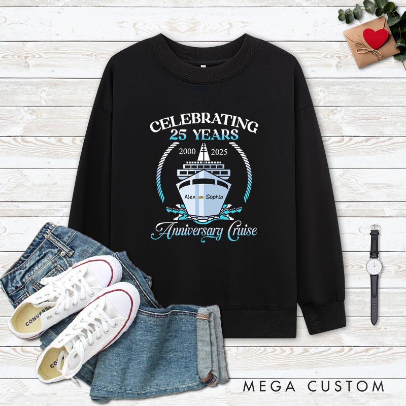 Personalized Couple 25th Cruisin Anniversary Sweatshirt Celebrating 25 Years Anniversary Cruise Outfits for Husband Wife Cruisin Gift Tops