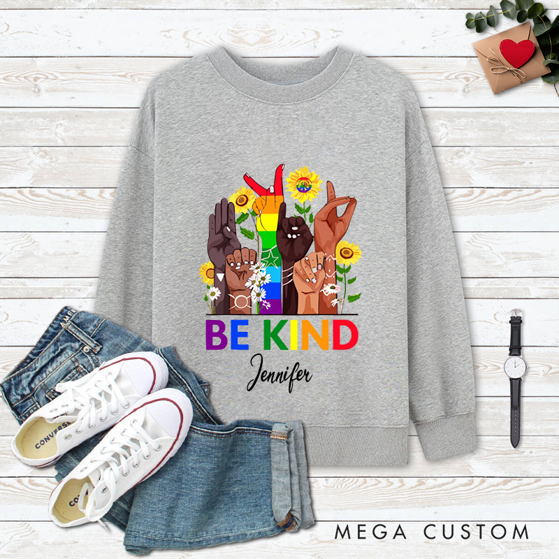 Personalized Be Kind Classic Ugly Sweatshirts with Diverse Skin Color Gestures Rainbow Elements and Sunflower Patterns Perfect Gift for Yoga Lover and Mindfulness