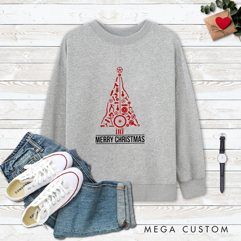 Personalized Bicycle Classic Christmas Sweatshirt Bike Parts Christmas Tree for Cycling Lovers