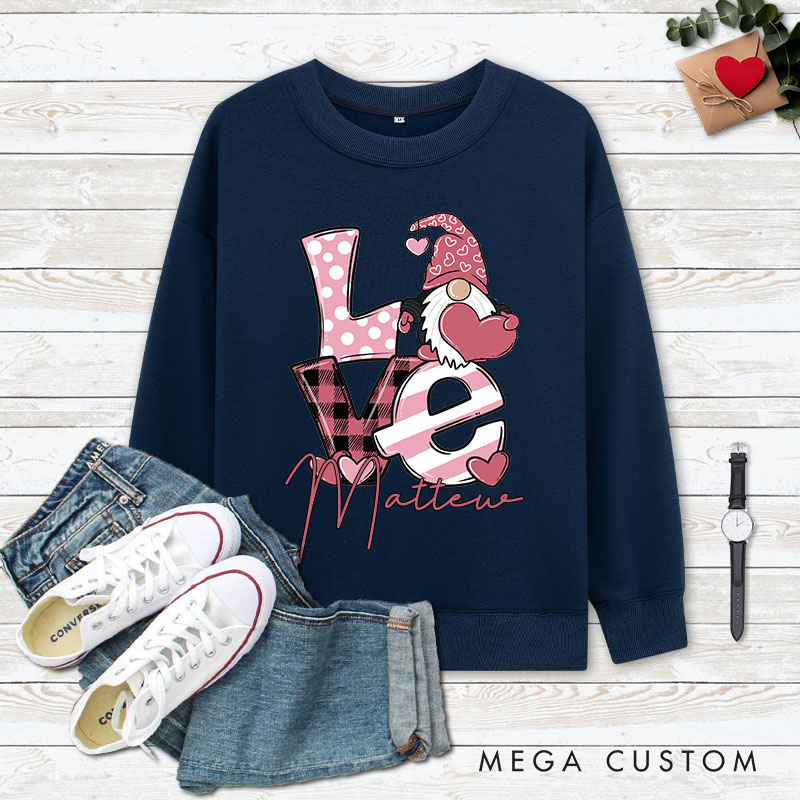 Personalized Couple Playful LOVE Gnome Matching Sweatshirt with Name Couple Valentine’s Day Sweatshirt for Husband Wife Boyfriend Girlfriend