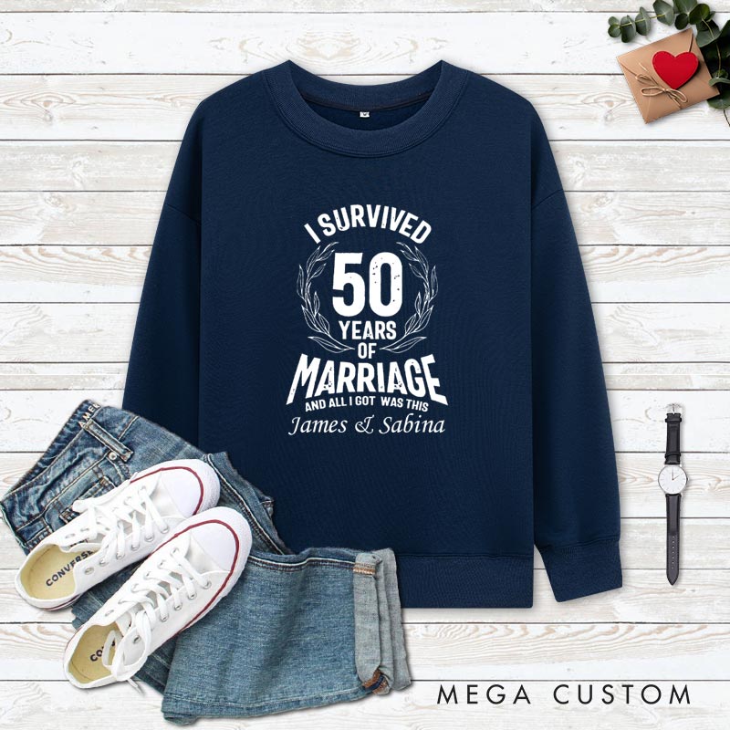 Personalized Couple 50th Anniversary Sweatshirt I Survived 50 Years of Marriage Outfit Anniversary Humorous Golden Sweatshirt Couple Gift Tee