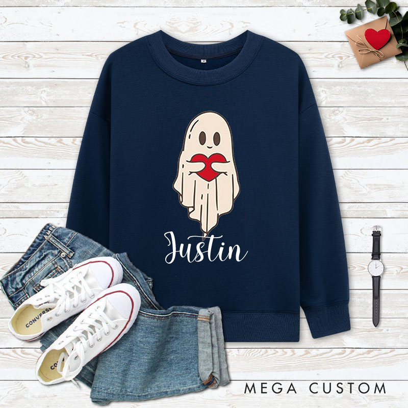 Personalized Couple Ghost Holding a Heart Matching Sweatshirt with Name Couple Valentine's Day Sweatshirt for Husband Wife Boyfriend Girlfriend