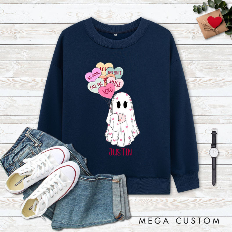 Personalized Couple Ghost Holding Heart Balloon Matching Sweatshirt Couple Valentine's Day Sweatshirt for Husband Wife Boyfriend Girlfriend