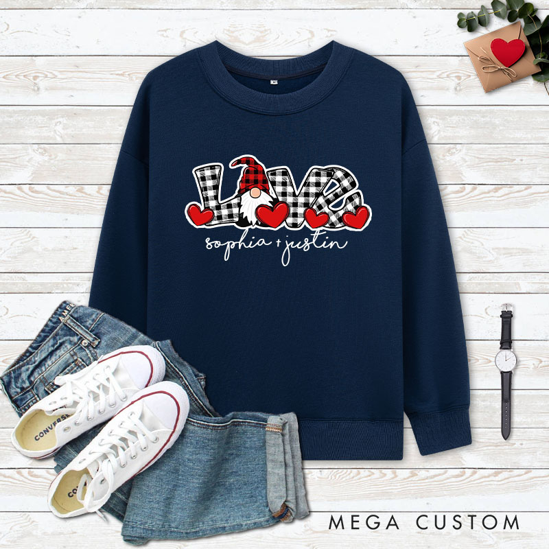 Personalized Couple Plaid Gnome LOVE Matching Sweatshirt Couple Valentine's Day Sweatshirt for Husband Wife Boyfriend Girlfriend