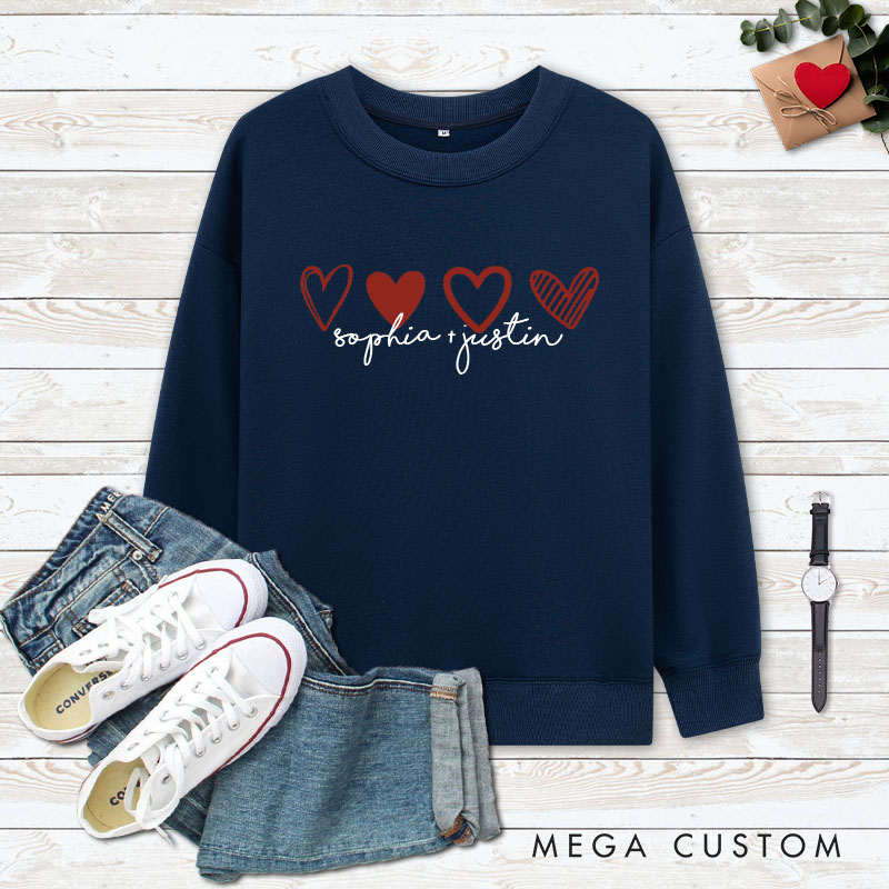 Personalized Couple 4 Red Hearts Matching Sweatshirt with Name Couple Valentine's Day Sweatshirt for Husband Wife Boyfriend Girlfriend