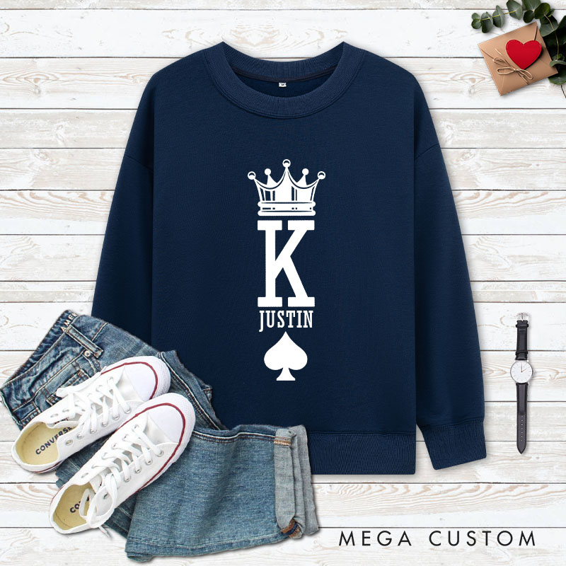 Personalized Couple Minimalist King and Queen with Crown Matching Sweatshirt Couple Valentine's Day Sweatshirt for Husband Wife Boyfriend Girlfriend