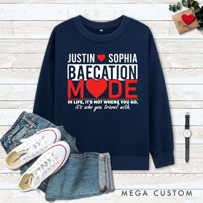 Personalized Couple Baecation Mode Matching Sweatshirt with Name Couple Valentine's Day Sweatshirt for Husband Wife Boyfriend Girlfriend