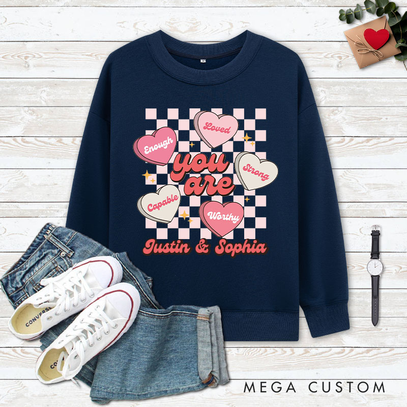 Personalized Couple Pink Checkerboard Heart Matching Sweatshirt with Name Couple Valentine's Day Sweatshirt for Husband Wife Boyfriend Girlfriend