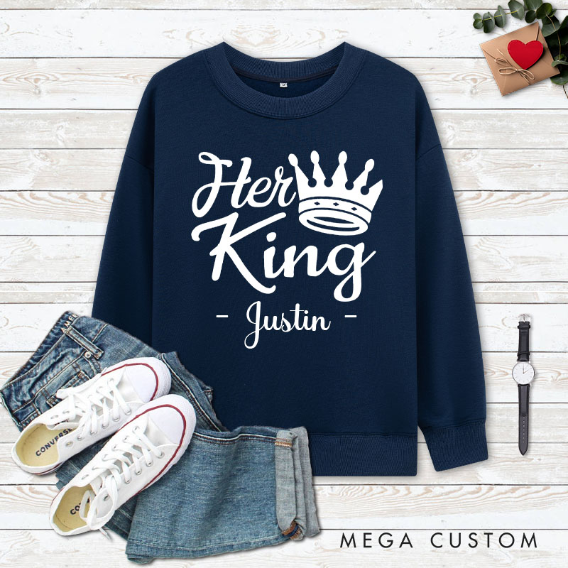 Personalized Couple Elegant Her King and His Queen with Crown Matching Sweatshirt Valentine's Day Sweatshirt for Husband Wife Boyfriend Girlfriend