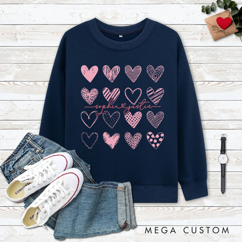 Personalized Couple charming Pink Hearts Matching Sweatshirt with Name Couple Valentine's Day Sweatshirt for Husband Wife Boyfriend Girlfriend