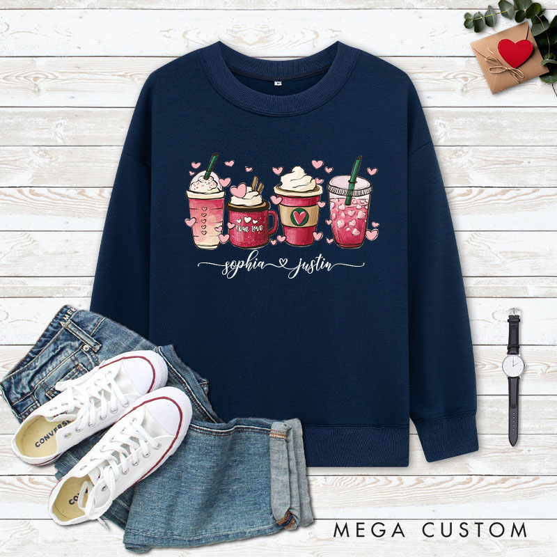 Personalized Couple Pink Coffee with Heart Matching Sweatshirt Couple Valentine’s Day Sweatshirt for Husband Wife Boyfriend Girlfriend