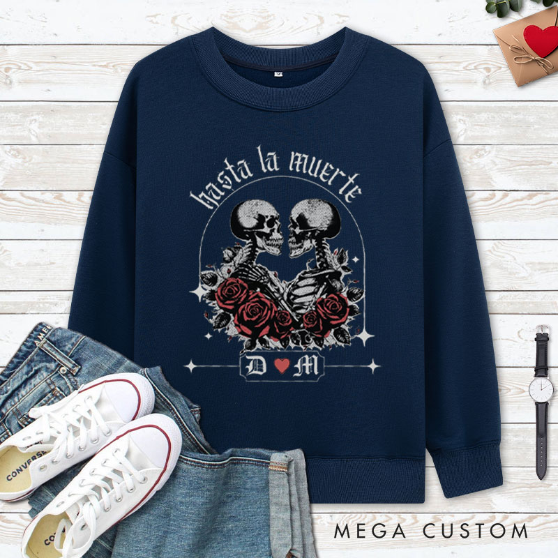 Personalized Hasta La Muerte Skeleton Couple with Roses Halloween Couple Sweatshirt