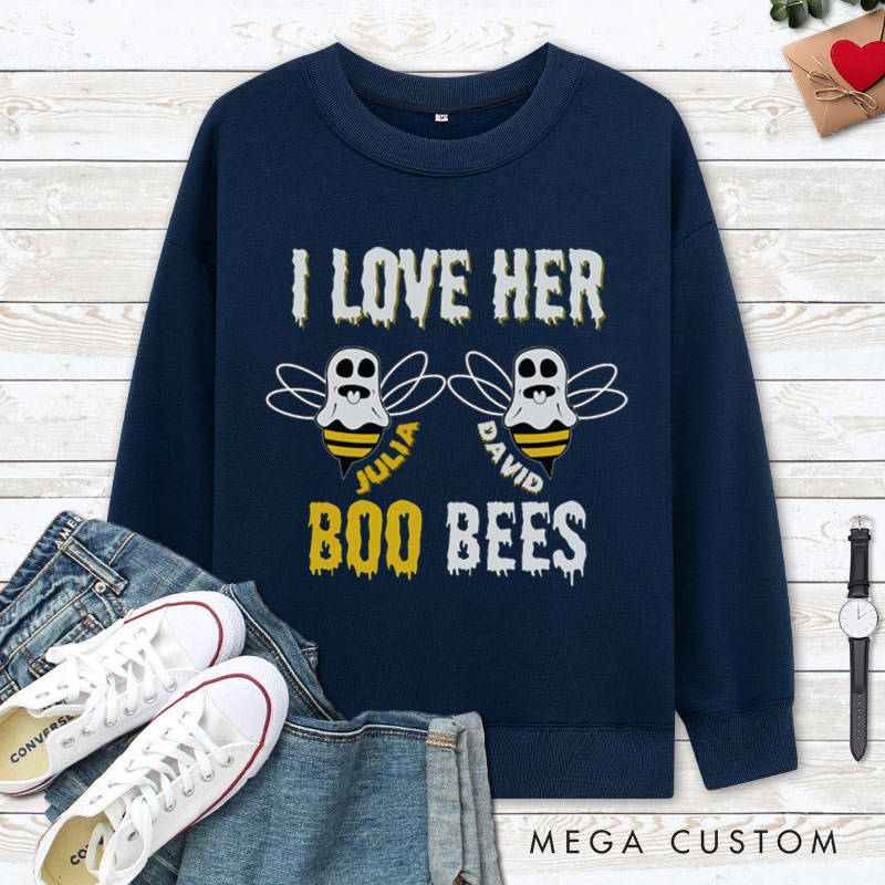 Personalized I Love Her Boo Bees and Boo Bees Halloween Couple Sweatshirt
